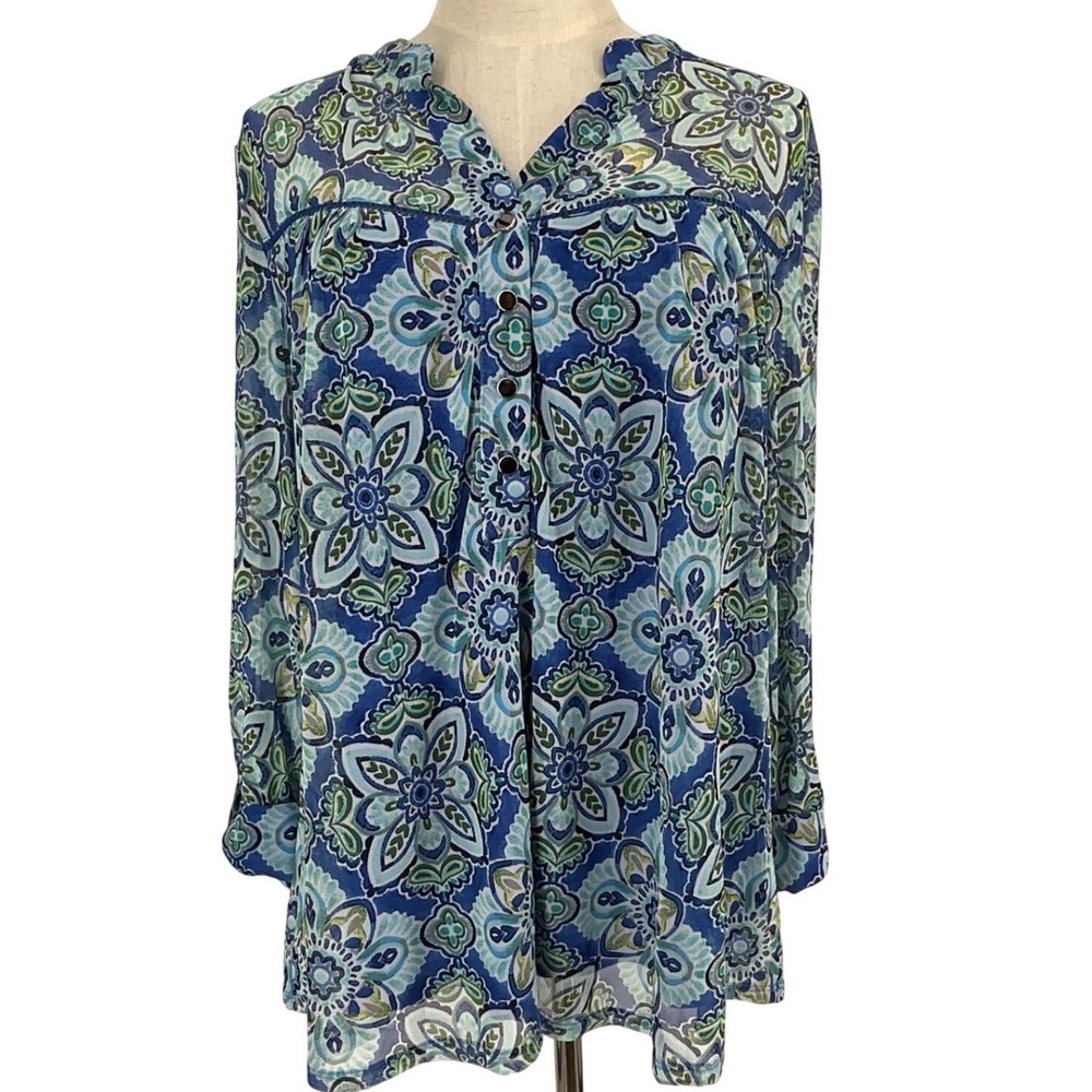 Juniper + Lime Womens Blue‎ Floral Print Sheer Lined Tunic Top L Boho Whimsical
